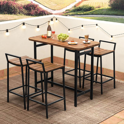 5 Piece Outdoor Acacia Wood Bar Height Table Set Patio Furniture Bistro Set with Adjustable Foot Pads and Footrest
