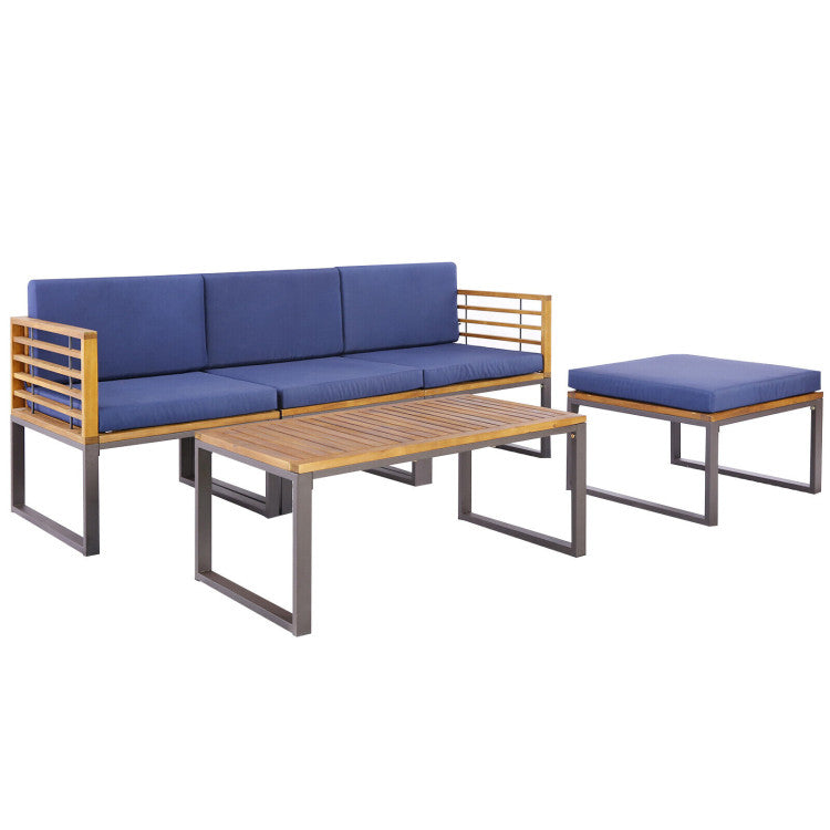 5-Piece Outdoor Conversation Sofa Set Patio Acacia Wood Chair Set with Coffee Table and Cushion
