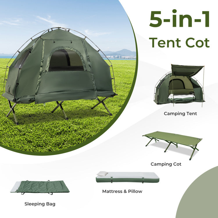 5-in-1 Portable Camping Tent Combo Foldable 1-Person Tent Cot with Carrying Bag and Fixing Buckles for Outdoor Hiking