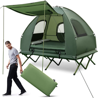 5-in-1 Tent Cot Portable 2-Person Camping Tent Combo with Awning Air Mattress Sleeping Bag for Hiking Picnic