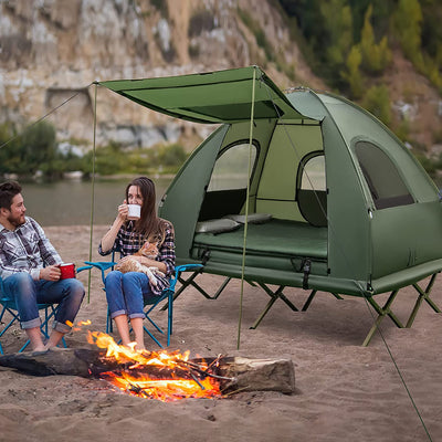 5-in-1 Tent Cot Portable 2-Person Camping Tent Combo with Awning Air Mattress Sleeping Bag for Hiking Picnic