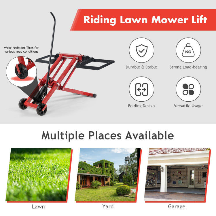500LBS Hydraulic Lawnmower Lift Zero Turn Mower Lift with Adjustable Track Width and Wheels for Riding Tractors