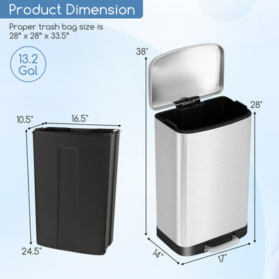 50 Liter Trash Can 13.2 Gallon Stainless Steel Garbage Bin with Lock  Device and Foot Pedal for Kitchen Home Office