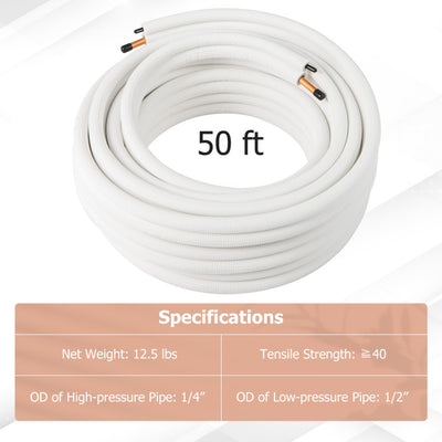 50 Feet Mini Split Line Set with 1/4 Inch and 3/8 Inch O.D. Copper Pipes Tubing