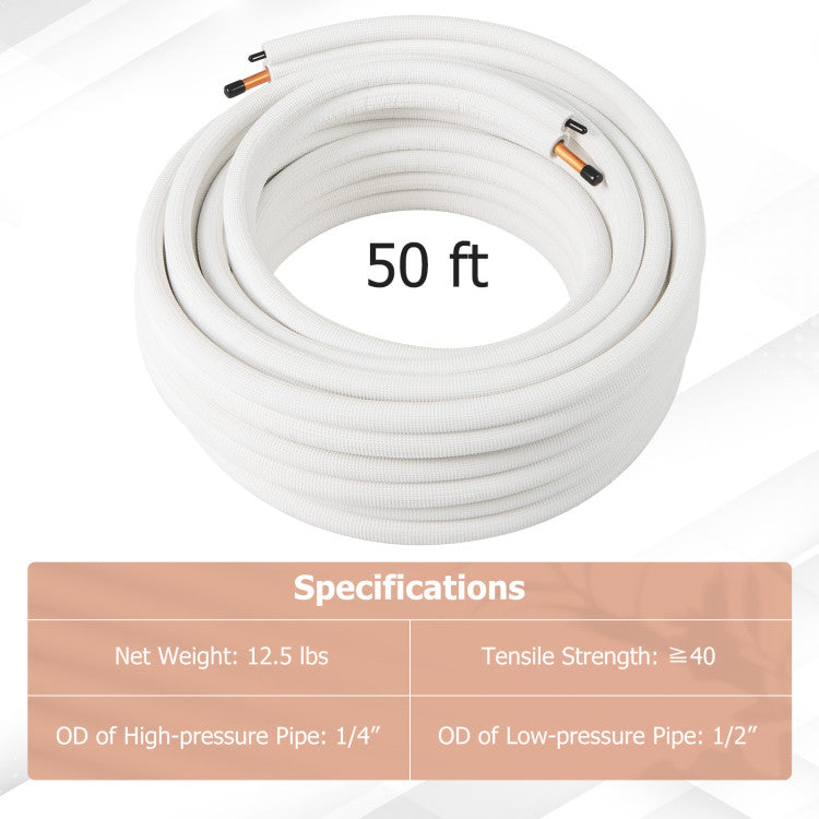 50 Feet Mini Split Line Set with 1/4 Inch and 3/8 Inch O.D. Copper Pipes Tubing