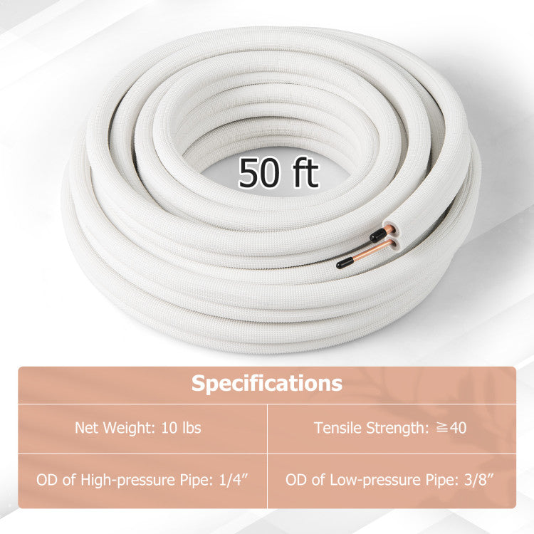50 Feet Mini Split Line Set with 1/4 Inch and 3/8 Inch O.D. Copper Pipes Tubing
