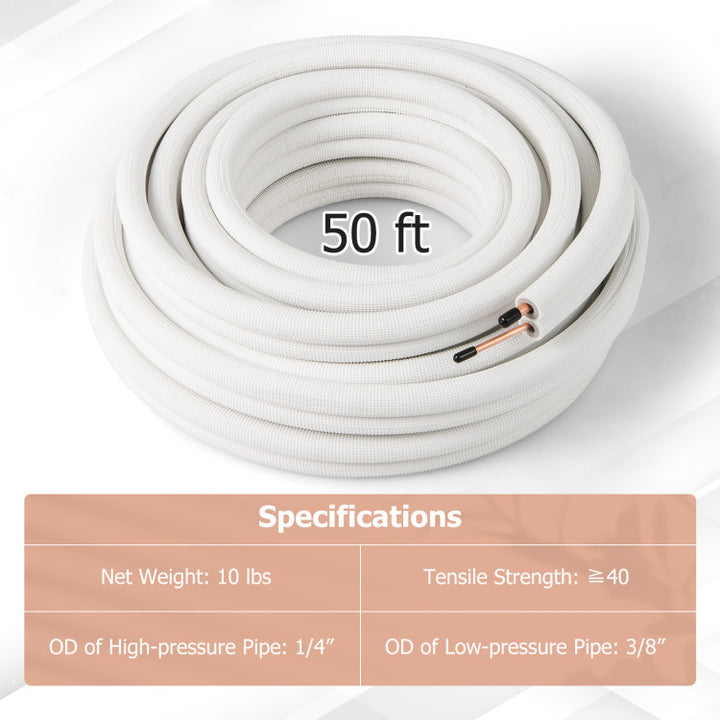 50 Feet Mini Split Line Set with 1/4 Inch and 3/8 Inch O.D. Copper Pipes Tubing