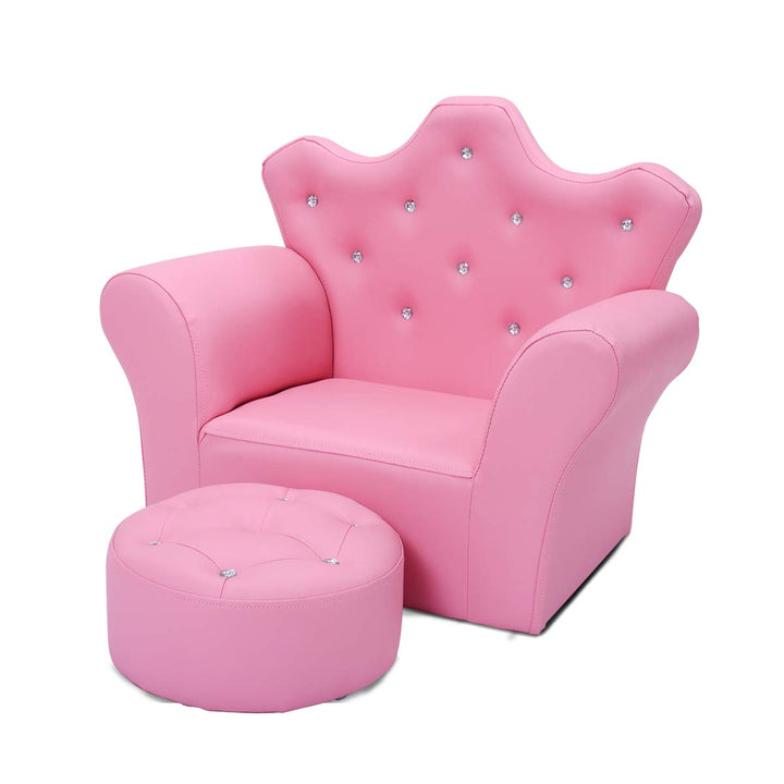 Kids Sofa with Ottoman, Upholstered Princess Couch with Crystal Tufted Crown-Shaped Backrest