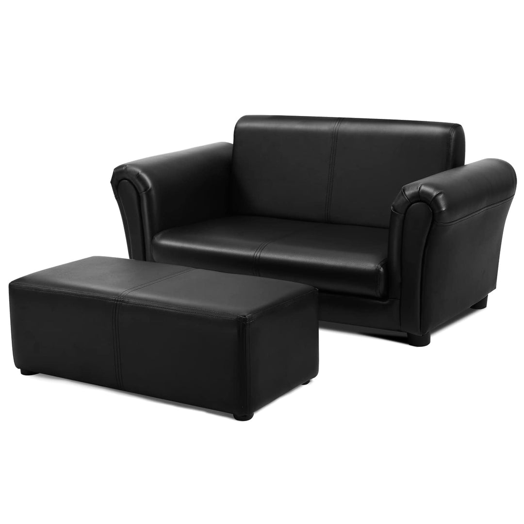 Kids Sofa Set with Ottoman, 2-Seater Wooden Children Loveseat with Armrest &amp; Backrest
