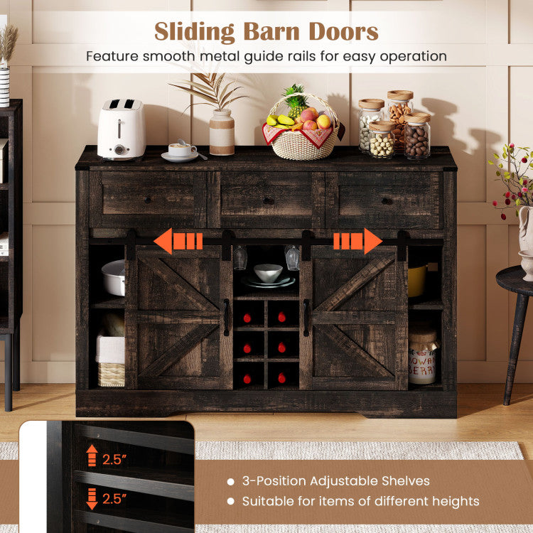 52 Inches Wine Bar Cabinet with LED Lights and Sliding Barn Doors