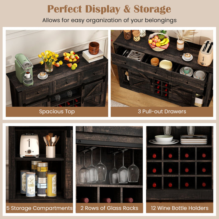 52 Inches Wine Bar Cabinet with LED Lights and Sliding Barn Doors