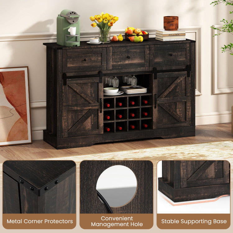 52 Inches Wine Bar Cabinet with LED Lights and Sliding Barn Doors