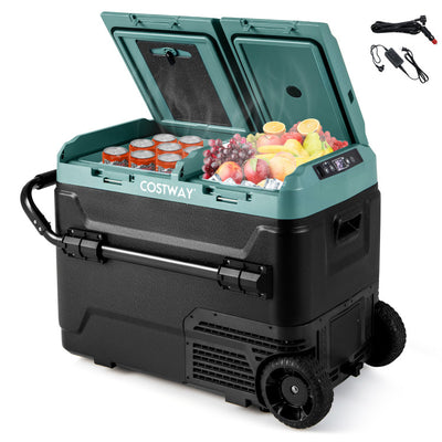 53QT Dual Zone Car Fridge Portable 12V Car Refrigerator Compact Ice Chest Freezer with Retractable Handle and Non slip Wheels for RV Camping