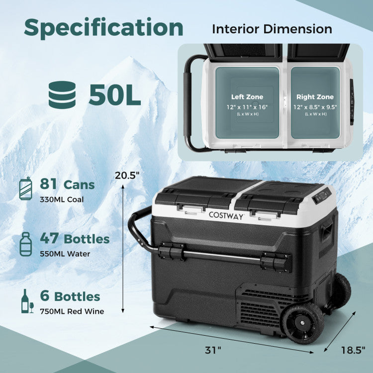 53QT Dual Zone Car Fridge Portable 12V Car Refrigerator Compact Ice Chest Freezer with Retractable Handle and Non slip Wheels for RV Camping