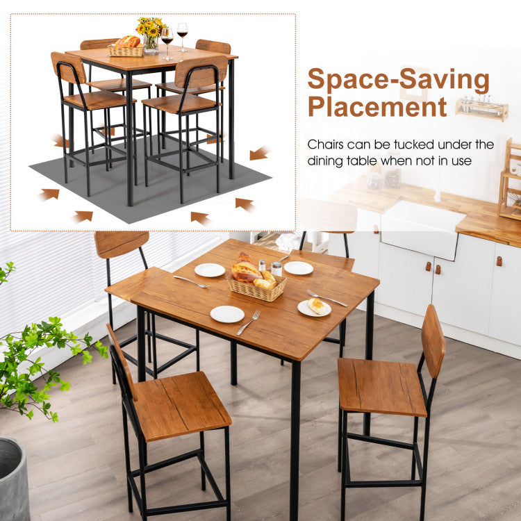 5 Pieces Counter Height Dining Table Set Industrial Kitchen Bar Stools Set Dinette Set with Footrest and Backrest