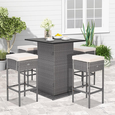 5 Pieces Outdoor Rattan Furniture Set Patio Wicker Bar Table Set Conversation Sets with Hidden Storage Shelves