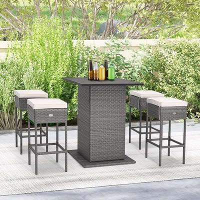 5 Pieces Outdoor Rattan Furniture Set Patio Wicker Bar Table Set Conversation Sets with Hidden Storage Shelves