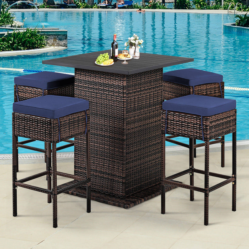 5 Piece Outdoor Rattan Conversation Bistro Set Patio Bar Furniture Set with 4 Cushions Stools and Smooth Top Table