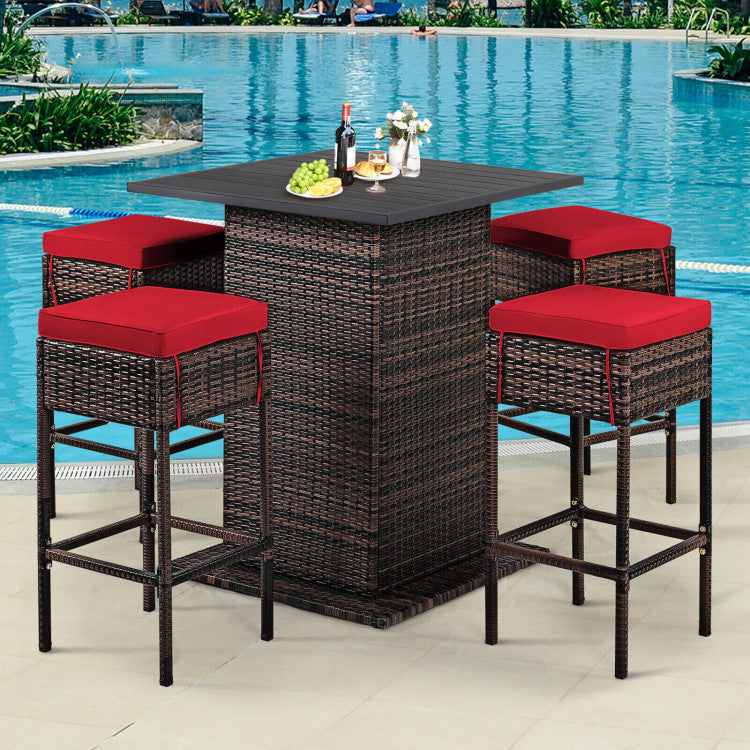 5 Piece Outdoor Rattan Conversation Bistro Set Patio Bar Furniture Set with 4 Cushions Stools and Smooth Top Table