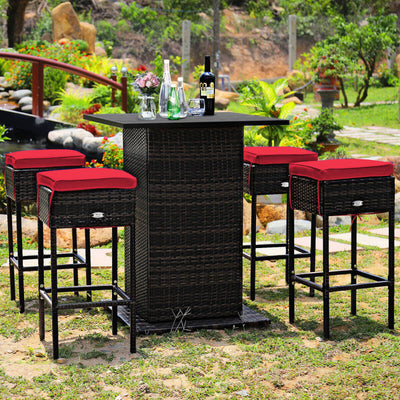 5 Piece Outdoor Rattan Conversation Bistro Set Patio Bar Furniture Set with 4 Cushions Stools and Smooth Top Table