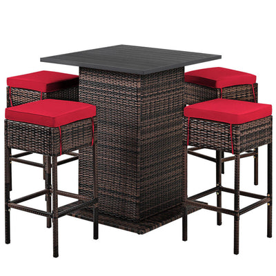 5 Piece Outdoor Rattan Conversation Bistro Set Patio Bar Furniture Set with 4 Cushions Stools and Smooth Top Table