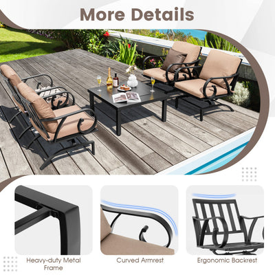 5 Pieces Patio Rocking Chairs Outdoor Dining Conversation Set with 4-in-1 Fire Pit Table and Cushions