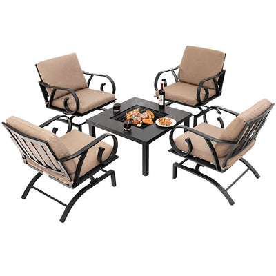5 Pieces Patio Rocking Chairs Outdoor Dining Conversation Set with 4-in-1 Fire Pit Table and Cushions