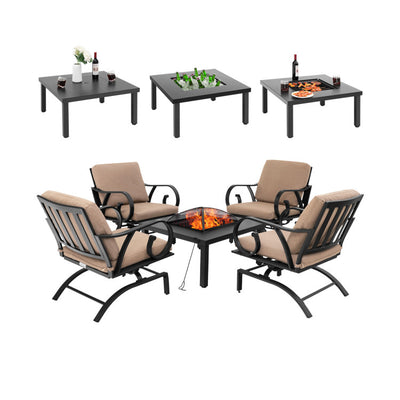 5 Pieces Patio Rocking Chairs Outdoor Dining Conversation Set with 4-in-1 Fire Pit Table and Cushions