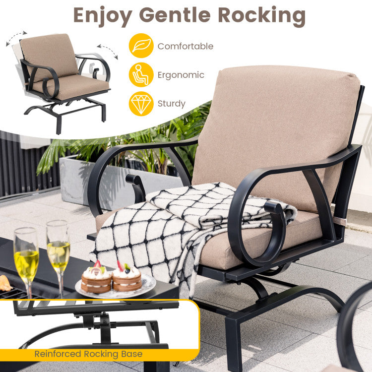 5 Pieces Patio Rocking Chairs Outdoor Dining Conversation Set with 4-in-1 Fire Pit Table and Cushions