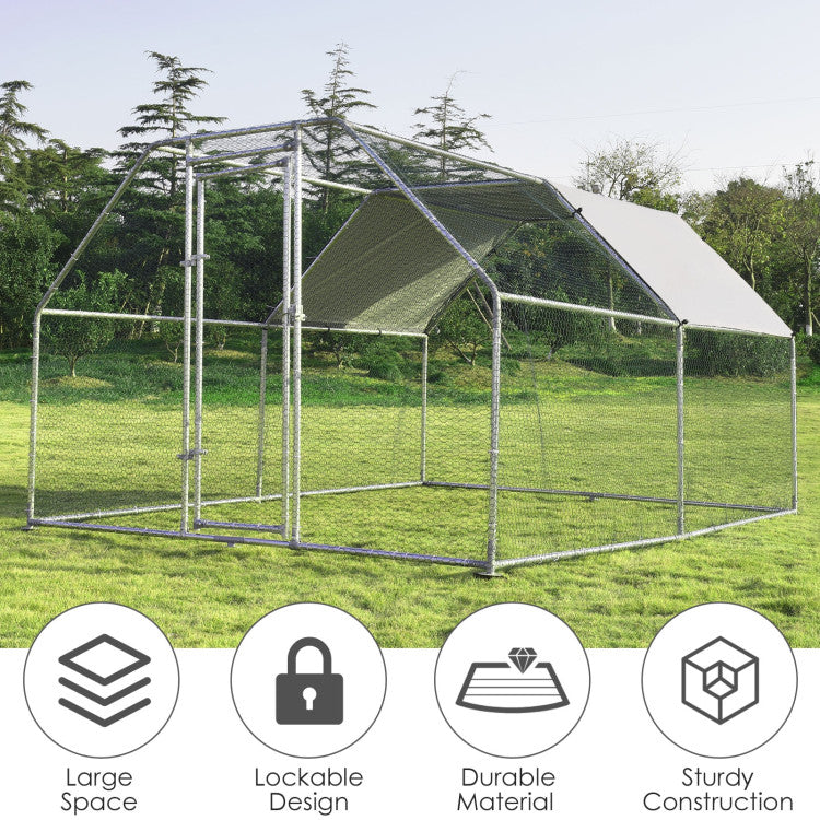 9.5 x 12.5 Feet Outdoor Walk-in Chicken Coop Large Metal Poultry Cage Hen House with Waterproof and Anti-UV Cover