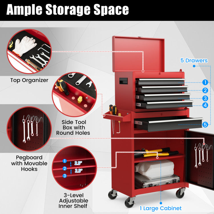 5-Drawer Rolling Tool Box 2-in-1 Lockable Tool Chest Storage Cabinet with Universal Wheels and Trays for Garage Workshop