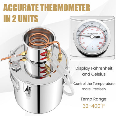 5 Gal/10 Gal 40 L Water Alcohol Distiller Stainless Steel Home Juicer Maker Brewing Kit with Build-in Thermometer, 2 Pots