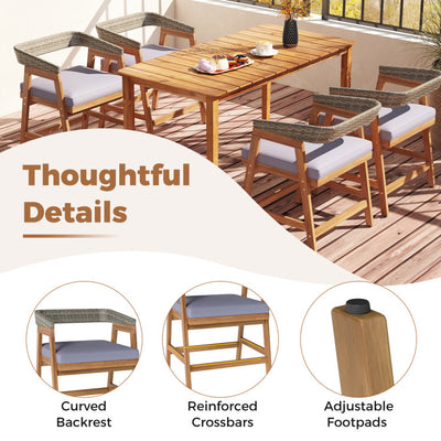 5 Piece Patio Dining Set Solid Wood with Rattan Backrest and Cushions