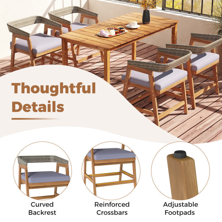 5 Piece Patio Dining Set Solid Wood with Rattan Backrest and Cushions