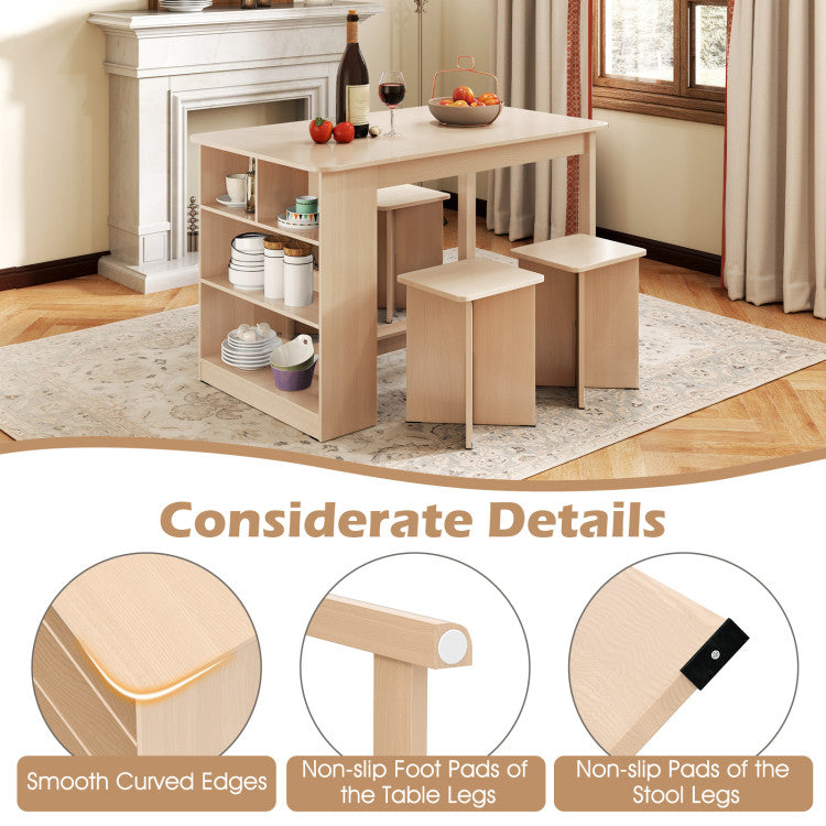 5 Pieces Dining Table Set with Storage Shelf and 4 Stools