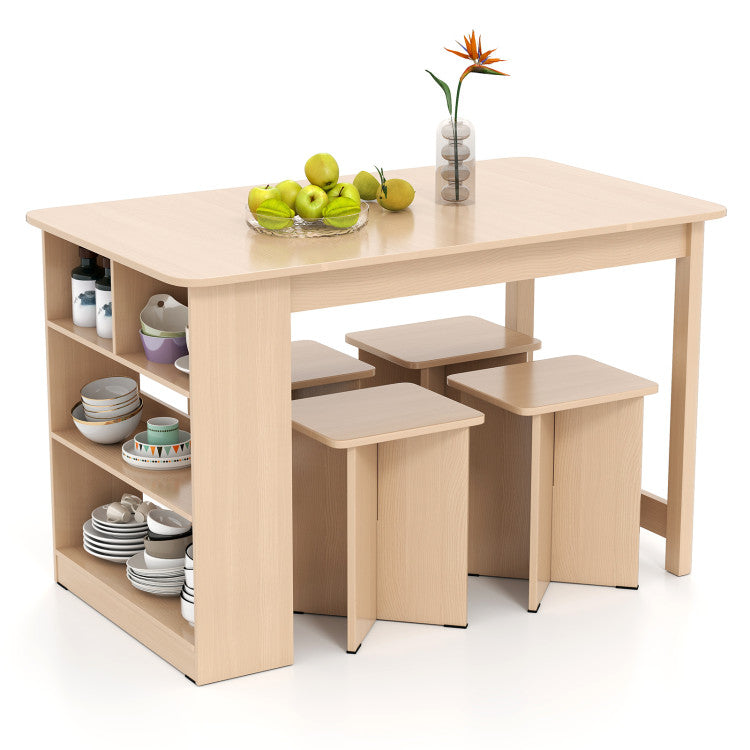 5 Pieces Dining Table Set with Storage Shelf and 4 Stools