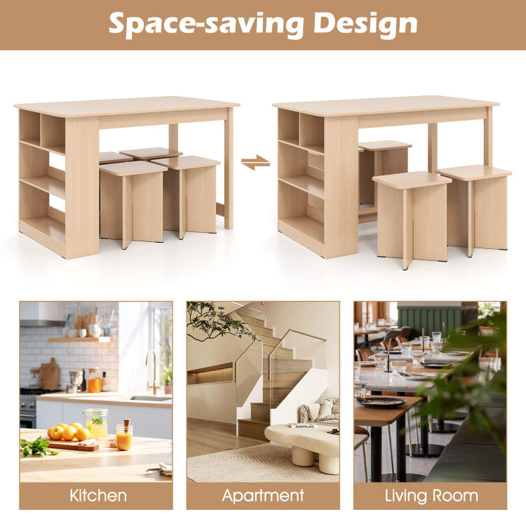 5 Pieces Dining Table Set with Storage Shelf and 4 Stools