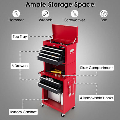 6-Drawer Rolling Tool Chest Removable Storage Cabinet Toolbox Organizer with Wheels and Lock