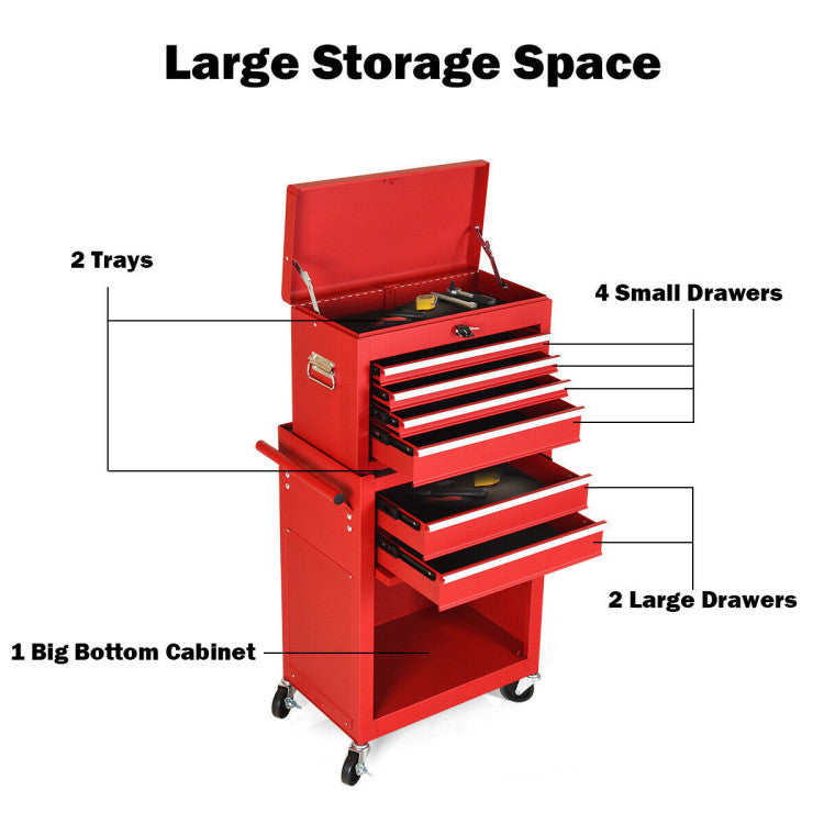 6-Drawer Big Rolling Tool Chest Organizers Removable Storage Cabinet with Wheels and Lock
