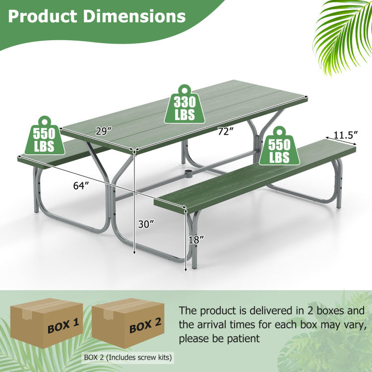 6 FT Outdoor Picnic Table Bench Set Patio HDPE Camping Dining Conversation Set with Built-in Umbrella Hole