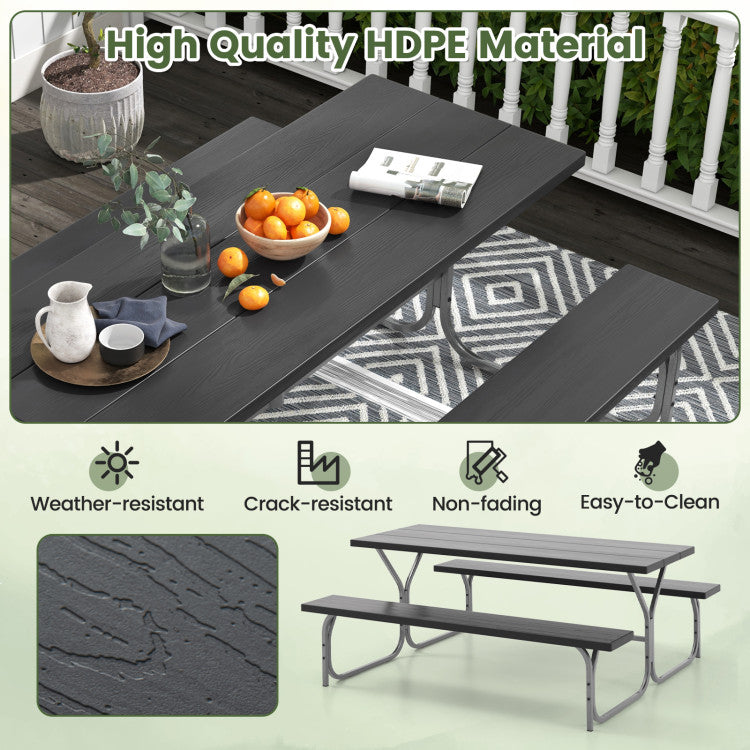 6 FT Outdoor Picnic Table Bench Set Patio HDPE Camping Dining Conversation Set with Built-in Umbrella Hole