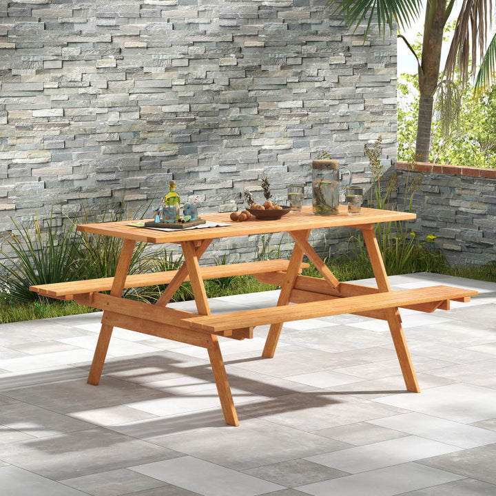 6 Person Outdoor Hardwood Picnic Table Set with 2 Built-in Benches and Umbrella Hole