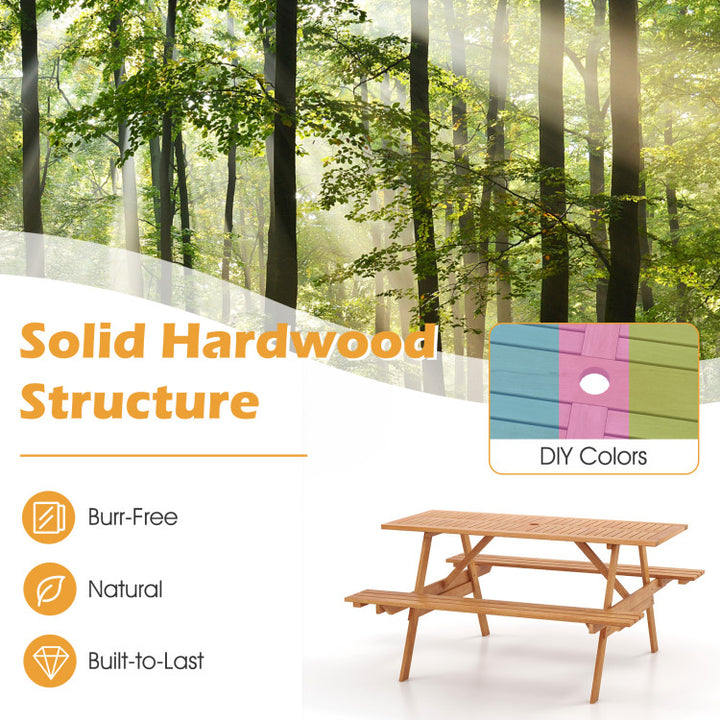 6 Person Outdoor Hardwood Picnic Table Set with 2 Built-in Benches and Umbrella Hole