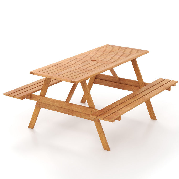 6 Person Outdoor Hardwood Picnic Table Set with 2 Built-in Benches and Umbrella Hole