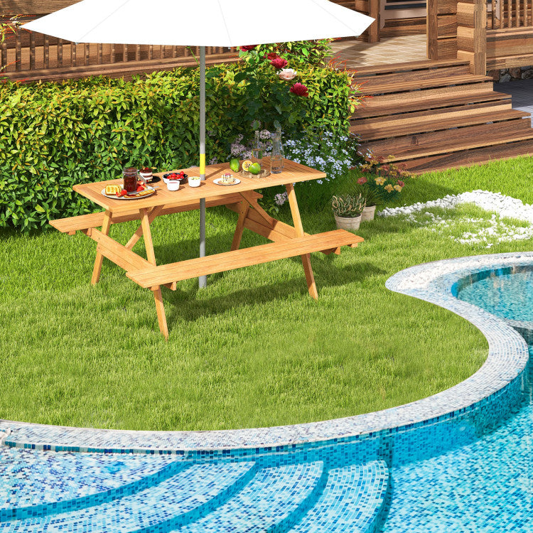 6 Person Outdoor Hardwood Picnic Table Set with 2 Built-in Benches and Umbrella Hole