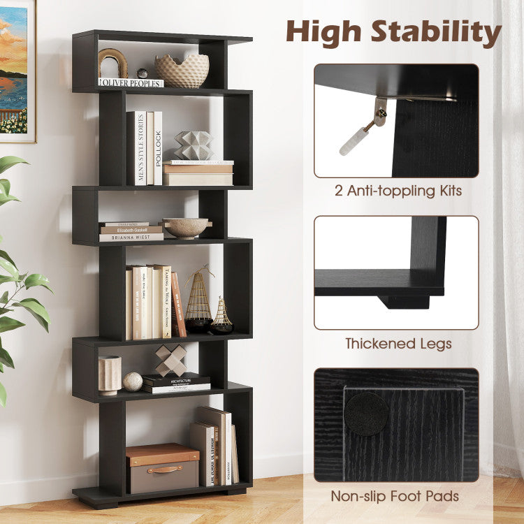 6-Tier Geometric Bookshelf with 2 Anti-Tipping Kits for Home Office