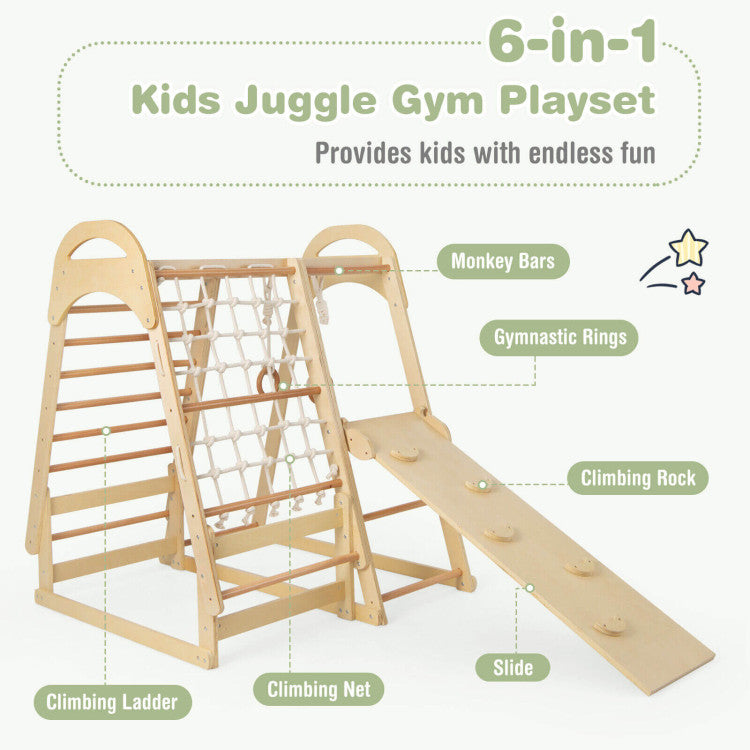 6-in-1 Kids Wooden Climbing Toys Playset Toddlers Indoor Jungle Gym with Slide and Climbing Net