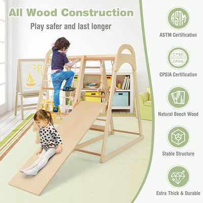 6-in-1 Kids Wooden Climbing Toys Playset Toddlers Indoor Jungle Gym with Slide and Climbing Net