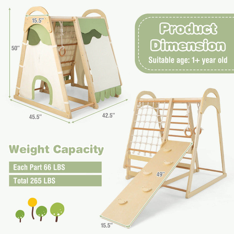 6-in-1 Kids Wooden Climbing Toys Playset Toddlers Indoor Jungle Gym with Slide and Climbing Net