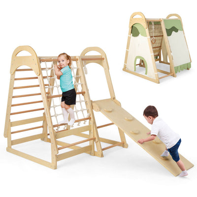 6-in-1 Kids Wooden Climbing Toys Playset Toddlers Indoor Jungle Gym with Slide and Climbing Net